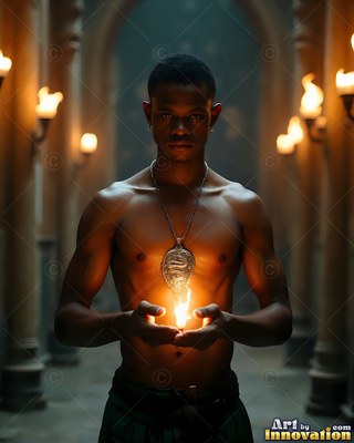 Man with no shirt holding a small fire in a dark hall