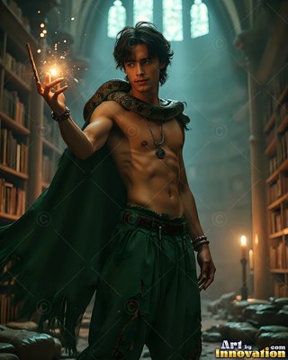 A bare-chested man clothed in a green cloak holds sparks beside a snake in a stone library