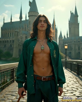 A young man stands on a bridge with his green shirt open in soft daylight