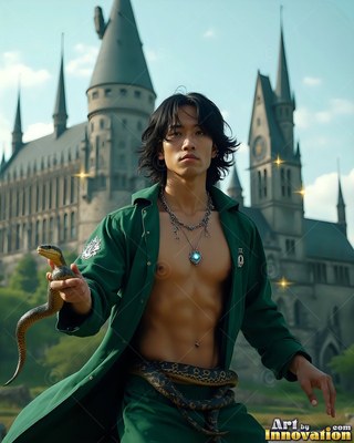 Standing outside a stone castle, a bare-chested man in green holds a snake