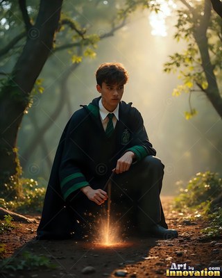 A young man in a dark green robe kneels in the woods with his wand sparks