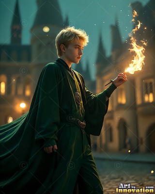In a castle courtyard, a young blond man wearing a long green robe holds fire in his hand