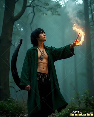 Holding a wand of fire, a bare-chested man with a deep green robe stands in a dark forest