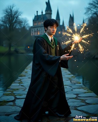 Man in a black robe holding bright yellow sparks outside a castle