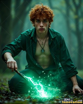Curly red hair falls over the face of a young man casting green light in misty woods