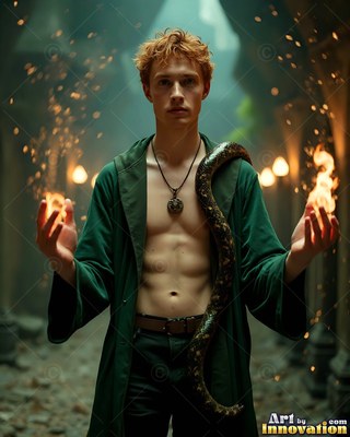 Standing in a stone hall, a bare-chested man in a long green robe holds fire with a snake