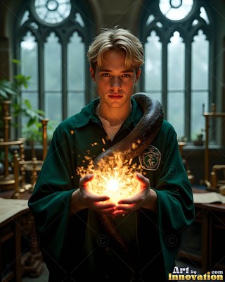A blond young man in a long green robe holds a burst of yellow light with a snake on his shoulder
