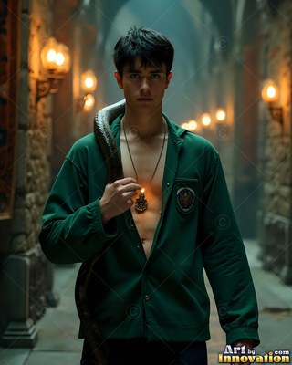 In a stone corridor, a young man dressed in an open green jacket holds a snake over his shoulder