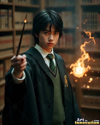 Holding up a wand, a young man in dark school robes casts a ball of fire in a library