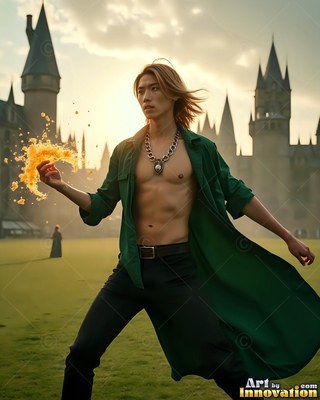 Bare-chested young guy wearing an unbuttoned green coat casting yellow sparks outside