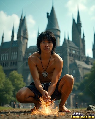 A dark medallion hangs on a bare-chested man crouching outside a tall stone castle
