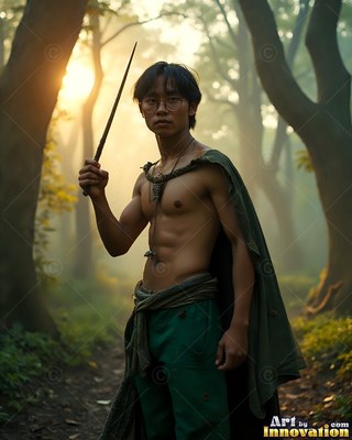 A man with no shirt raises a slender wand in a misty forest filled with warm sunlight