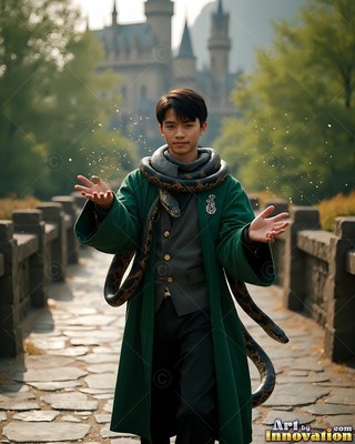 Standing on a stone bridge, a young man wears a deep green robe with a snake on his neck