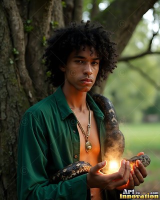 A young man dressed in an open green shirt holds a snake and bright fire outdoors