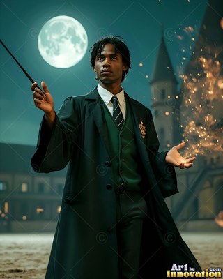 Under a bright full moon, a young Black man in a dark deep green robe holds a wand