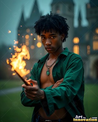 Holding a fiery wand, a young Black man wearing an unbuttoned green shirt stands outside a castle