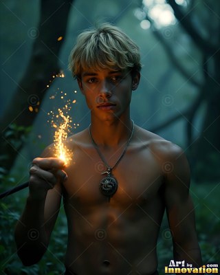 A bare-chested young man carries a spark in dark woods