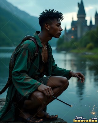 Wearing a green coat, a young man crouches by a lake with a snake on his back and a castle behind him