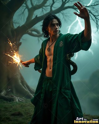 A young man in green robes casts sparks from a wand under pale lightning