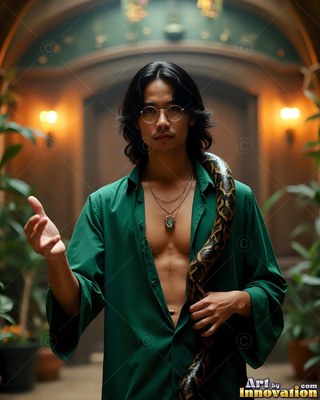 Facing forward in a dim hallway, a man in a green shirt holds a snake over his shoulder