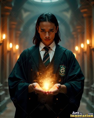 A young man in a dark green robe holds bright yellow sparks in his cupped hands