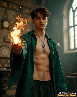 In a dim stone room, a young man with no shirt in green robes holds fire in his hand
