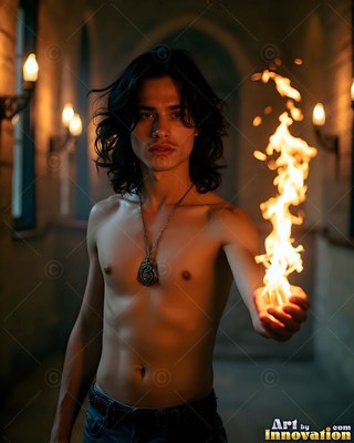 Holding fire in his hand, a shirtless young man stands in a dark stone hallway