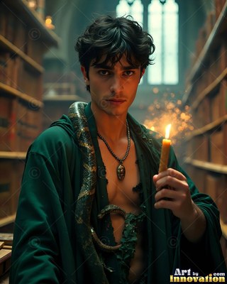 Young man in a long green robe holding a candle as a snake coils over his chest