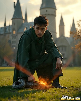 Wearing a dark green robe on a castle lawn, a kneeling man lights a snake with his wand