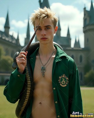 A blond young man holds a wand with a snake around him in soft daylight