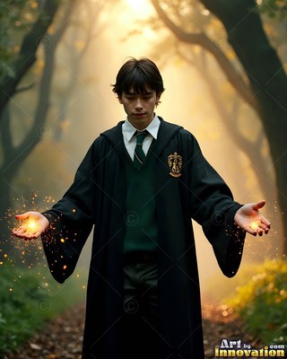 Facing forward on a misty forest path, a young man holds sparks in his open hands