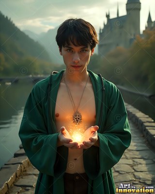 A young man with an unfastened long green robe cups bright light in his hands by a castle bridge