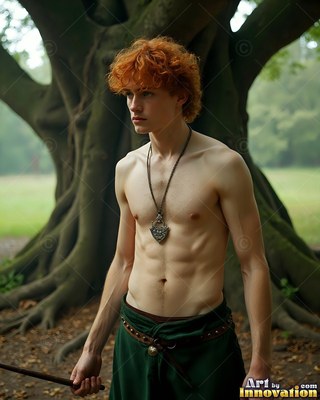 Before a large tree, a young man with no shirt with red hair stands in green pants