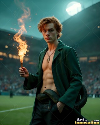 Holding a burning wand, a bare-chested young man stands with a dark snake at his waist