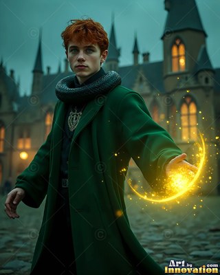 Red-haired man in a green coat holding bright magic by a castle