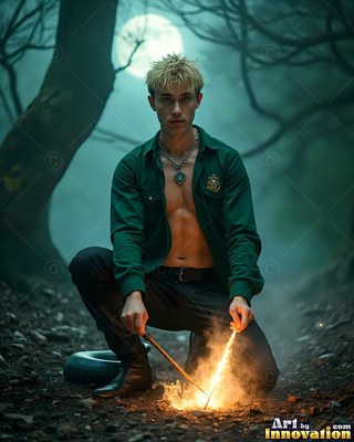 Wearing an unbuttoned green shirt in a dark forest, a blond man sparks a fire with his wand