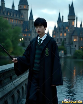 A young man in black robes holds a wand before a castle under cool dusk light