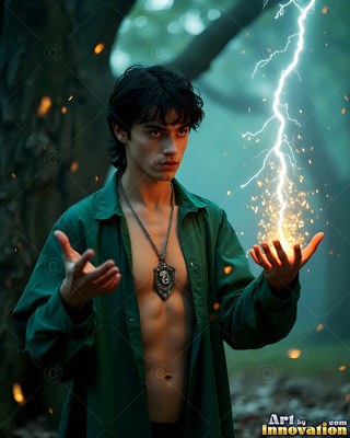Facing forward in the woods, a man holds a bolt of lightning in his hand