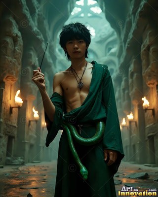 In a dim stone hall, a young man in green robes holds a wand and a snake around his waist