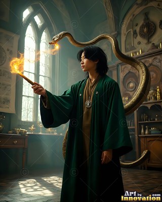 Holding a fiery wand, a man dressed in a deep green robe summons a floating serpent in a castle room