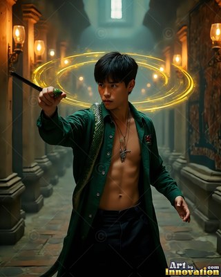 A man casts yellow light rings with a wand in a hall