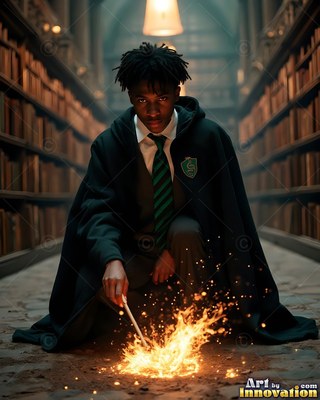 A green-striped tie marks a young man kneeling in a library as his wand sparks yellow fire
