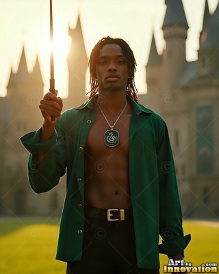 A man holds up a wand before a castle in warm afternoon sunlight