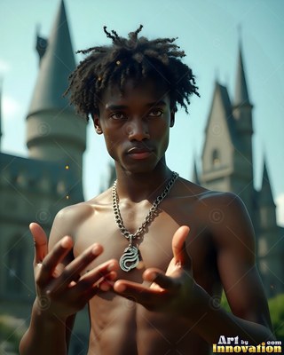 Facing forward outside a castle, a shirtless young man grasps up his hands