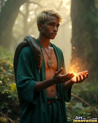 A blond man with an unfastened green gown holds sparks with a snake on his back