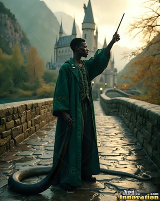 On a stone bridge near a castle, a man in green robes raises a wand over a snake