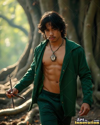 Walking through the woods, a shirtless young man wears a parted green jacket and pendant