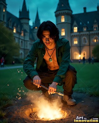 A man crouches near a fire pit outside a castle