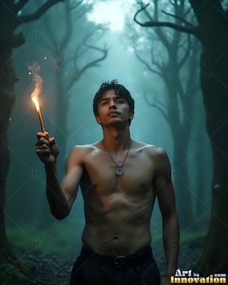 Shirtless with a round pendant necklace, a young man raises a torch in a dark, misty forest