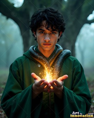 A young man carries bright yellow sparks in his cupped hands, wearing a dark green robe
